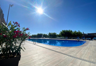Outdoor pool at Els Pins- Bungalow Comfort in Spain with sunny sky, lounge chairs, and peaceful greenery.
