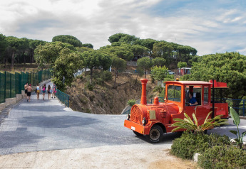 Roter Touristenzug bei Camping Rocagrossa in Spanien, Personen spazieren auf Weg umgeben von Bäumen.