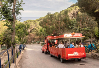 Ein roter Touristenzug fährt durch grüne Landschaft am Camping Rocagrossa Mobile Home in Spanien.