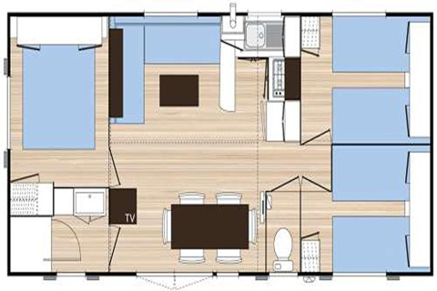 Plantegning af mobilhome Camping Rocagrossa i Spanien, viser tre soveværelser, køkken og stue.