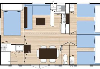 Planimetria della casa mobile Camping Rocagrossa in Spagna, con tre camere da letto e area soggiorno.