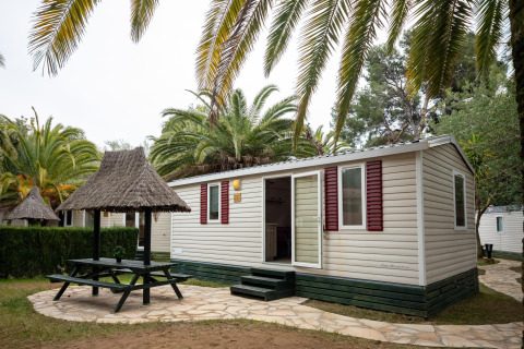Vista exterior de Torre del Sol COTTAGE PALMA, con palmeras, mesa de picnic y sombrillas de paja en el jardín.
