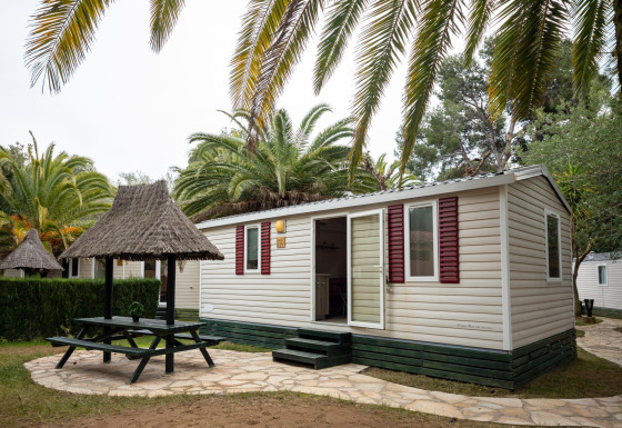 Vista exterior de Torre del Sol COTTAGE PALMA, con palmeras, mesa de picnic y sombrillas de paja en el jardín.