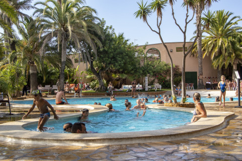 Familias disfrutando de una piscina al aire libre rodeada de palmeras en un glamping durante un día soleado.