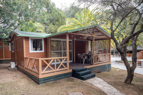 Træhytte ved Torre del Sol Chalet Baobab, omgivet af palmetræer og natur, med veranda og havemøbler.