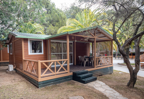 Træhytte ved Torre del Sol Chalet Baobab, omgivet af palmetræer og natur, med veranda og havemøbler.