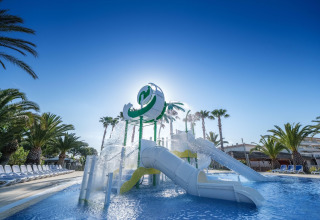 Sjovt vandrutsjebaneanlæg ved en udendørs swimmingpool omgivet af palmer på et glampingsted.