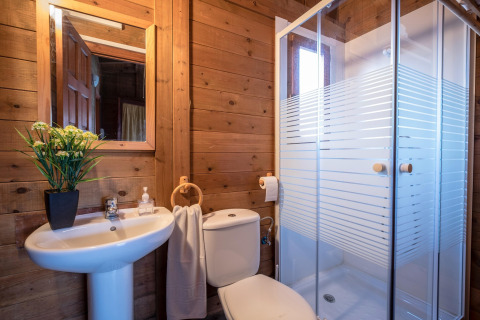 Badeværelse med trævægge, hvidt toilet, håndvask med spejl, brusekabine og planter i sort potte.