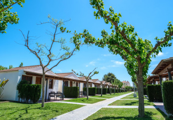 Rij bungalows bij CAMPING ESTIVAL VENDRELL PLATJA in Spanje, met groene bomen en een blauwe lucht.