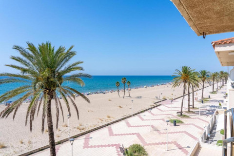 Udsigt fra CAMPING ESTIVAL VENDRELL PLATJA BUNGALOW 4 STANDARD til strandpromenade, palmer og Middelhavet.