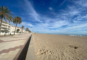 Strand met palmbomen en boulevard bij Camping Estival Vendrell Platja Bungalow 4 Standard in Spanje.