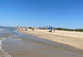Udsigt over en fredelig strand med få mennesker, solsenge og bybygninger i baggrunden under en blå himmel.