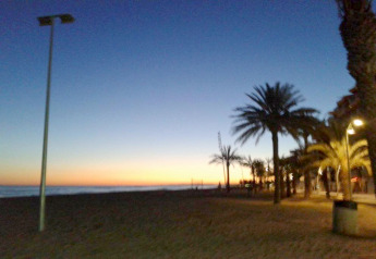 Vue nocturne sur la plage avec palmiers et lampadaires au Camping Estival Vendrell Platja en Espagne.