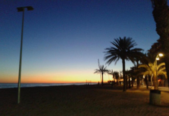 Avondstrandzicht met palmbomen en straatlantaarns bij Camping Estival Vendrell Platja, Spanje.