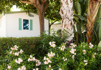 Stacaravan bij Camping Cambrils Playa BUNGALOW OHARA in Spanje, omgeven door palmbomen en witte bloemen.