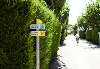 Sti i mobilhome-området Camping Cambrils Playa BUNGALOW OHARA i Spanien, med cyklist og grønne hække.
