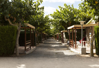 Mobilhomeområde hos Camping Cambrils Playa BUNGALOW OHARA i Spanien med træer og verandaer.