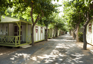 Mobilhjem ved Camping Cambrils Playa BUNGALOW OHARA i Spanien, omgivet af træer og grussti.