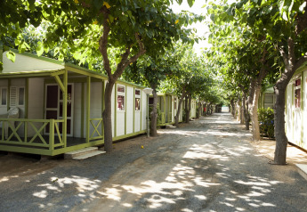 Stacaravan op Camping Cambrils Playa BUNGALOW OHARA in Spanje, omgeven door bomen en grindpad.