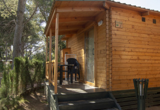 Træhytte glamping indkvartering i skovområde med terrasse og plastikmøbler under træerne.