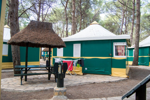 Billede af Torre del Sol Tent Pagan mobilhome i Spanien, omgivet af træer og udendørs picnicområde.