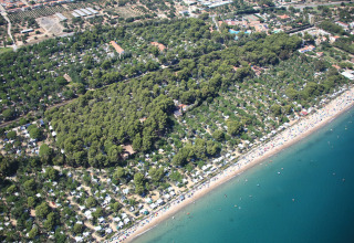 Vista aérea de un camping glamping junto a la playa, con árboles, tiendas y mar azul rodeando el lugar.