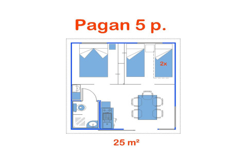 Planimetria della mobil home Torres del Sol Tent Pagan in Spagna per 5 persone, 25 m², con letti e tavolo.