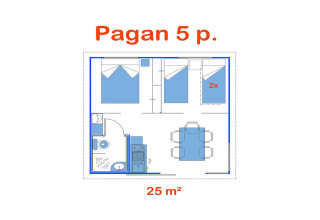 Plantegning af Torres del Sol Tent Pagan mobilhome i Spanien til 5 personer, 25 m², med møbler og senge.