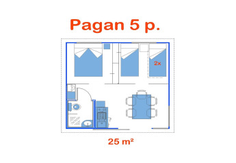 Planimetria della mobil home Torres del Sol Tent Pagan in Spagna per 5 persone, 25 m², con letti e tavolo.