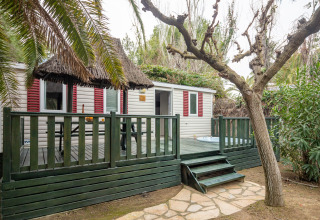 Et mobilhome med grøn veranda og stråtag i Spanien, omgivet af træer og planter, set fra haven.