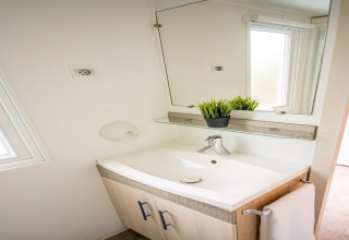 Moderne badeværelsesvask med spejl, glasreol og grøn plante i mobilhjemmet Torre del Sol Cottage i Spanien.