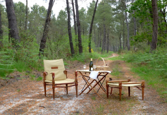 Udendørs picnicopsætning med stole, bord og vin midt i en skovsti ved Ecolodge «en Sequoia», Frankrig.