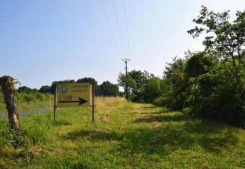 Weg mit Gras und Hinweisschild bei Ecolodge «en Sequoia» in Frankreich, umgeben von Bäumen.