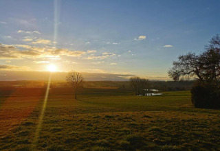 Sunset over a tranquil meadow at Ecolodge «en Sequoia» in France, with trees and a peaceful pond.