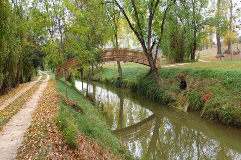 Wooden footbridge crossing a calm river at Ecolodge 'en Sequoia' in France, surrounded by lush greenery.
