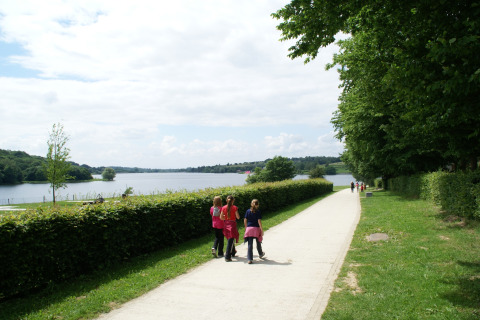 Kinderen wandelen langs een pad bij een meer, omgeven door groen en bomen vlak bij een lodge.