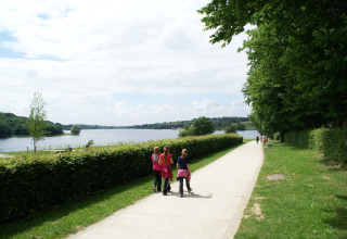 Kinderen wandelen langs een pad bij een meer, omgeven door groen en bomen vlak bij een lodge.