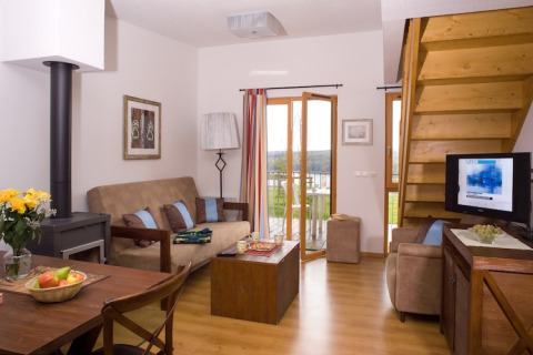 Lichte woonkamer in Les Hauts de Valjoly 4 in Frankrijk met zetel, tv, houtkachel en balkon.