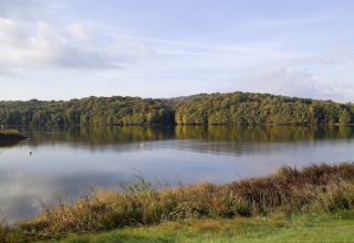 Zicht vanuit een lodge op een rustige vijver omringd door bossen onder een deels bewolkte hemel.