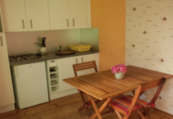 Cocina compacta en Maison de vacances - LE PONCHEL, Francia, con mesa de madera y flores rosas en un florero.