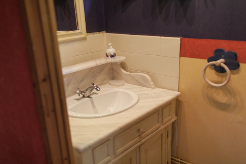 Baño pequeño con lavabo de mármol blanco y paredes coloridas en la cabaña Maison de vacances - LE PONCHEL en Francia.