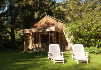 Jardín soleado con dos tumbonas frente a una cabaña de madera, Maison de vacances - LE PONCHEL, en Francia.