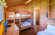 Chambre en bois avec lits superposés et simple, typique d’un hébergement glamping lumineux et naturel.