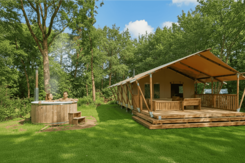 Tente Safari Comfort avec bain à remous privé en pleine nature, deux personnes profitent du spa extérieur.