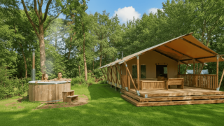 Tente Safari Comfort avec bain à remous privé en pleine nature, deux personnes profitent du spa extérieur.