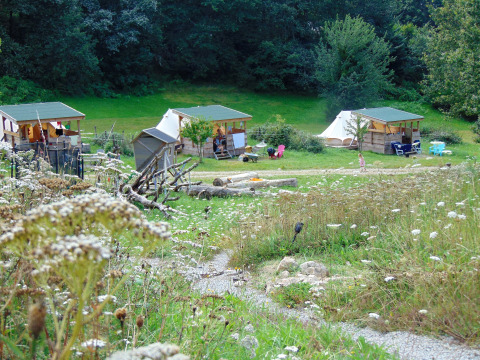 Photo of Campsite Junora in Nouvelle-Aquitaine, France, showing cabins, tents, wildflowers, and woodland.