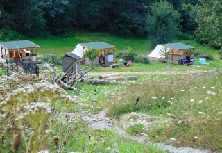 Photo of Campsite Junora in Nouvelle-Aquitaine, France, showing cabins, tents, wildflowers, and woodland.