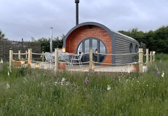 Photo de The Cornflower, une cabane moderne en forme de pod avec terrasse, lanternes et fleurs sauvages.