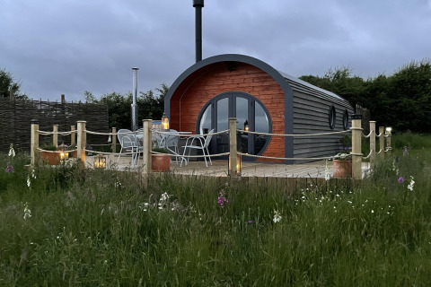 Foto van The Cornflower, een moderne pod-hut met terras, lantaarns en wilde bloemen in het gras.