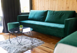 Salon de chalet avec canapé vert, table basse ronde, tapis doux et murs en bois pour une ambiance cosy.